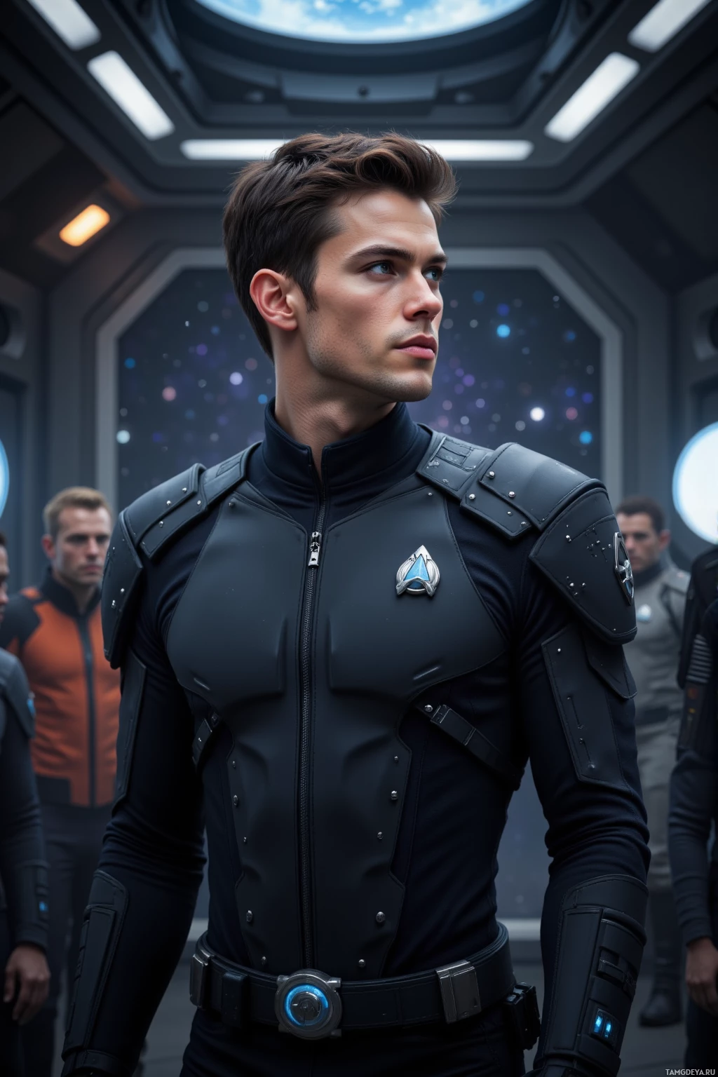 A person in a futuristic black uniform stands in a space station.
