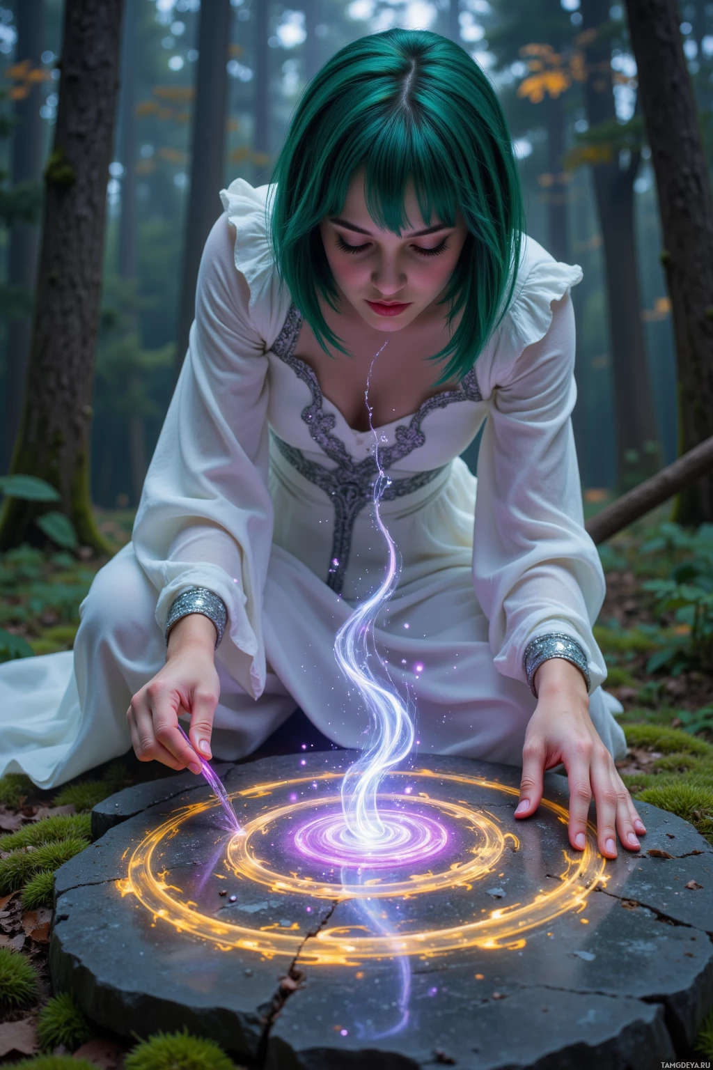 A woman in a white dress is kneeling in a forest, focusing on a glowing magical circle on a stone.