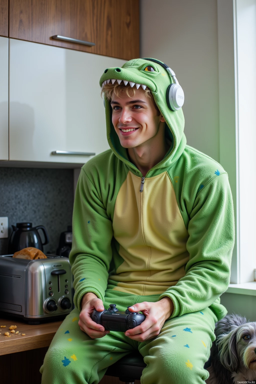 A person in a green dinosaur onesie sits in a kitchen, holding a game controller and wearing headphones.