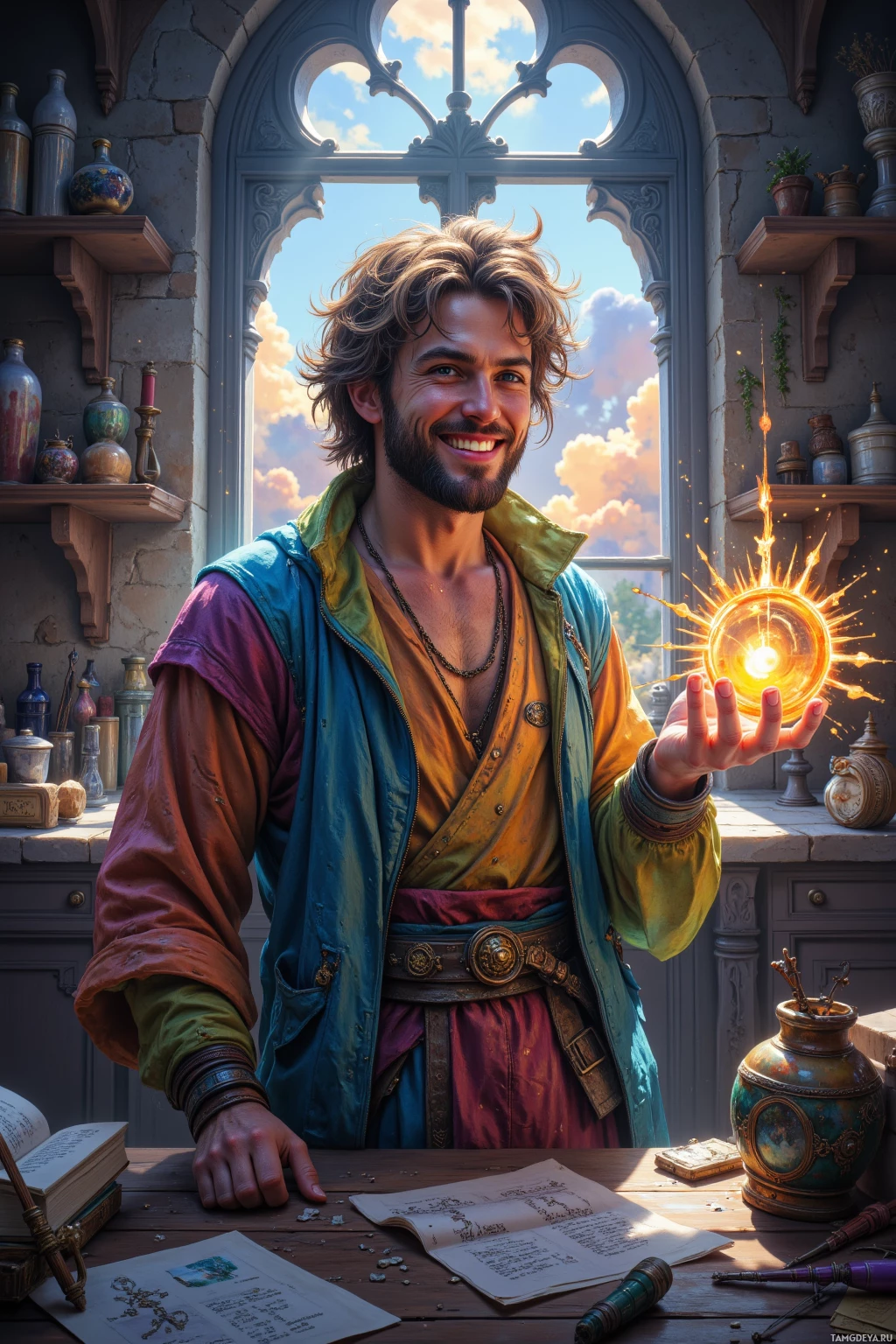 A man in a colorful outfit holds a glowing orb in a room with a large window and shelves.