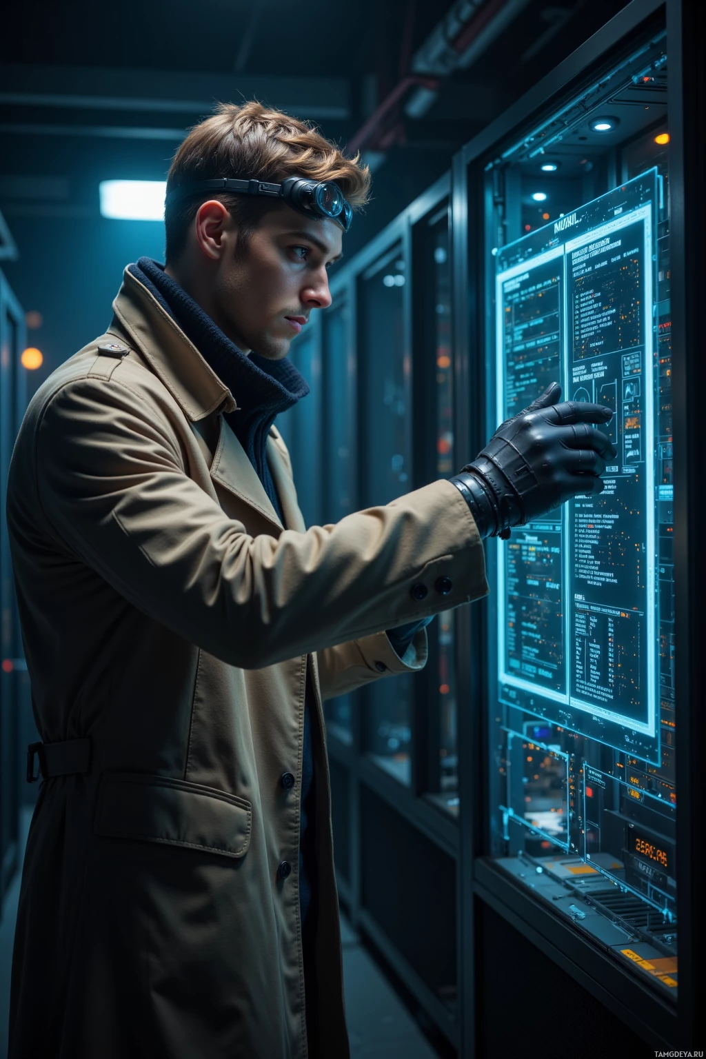 A person in a trench coat and gloves interacts with a futuristic interface in a dimly lit environment.