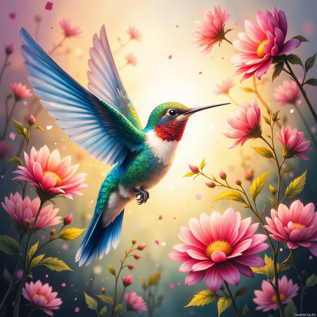 A vibrant hummingbird with iridescent feathers is perched amidst blooming pink flowers against a soft, glowing background.