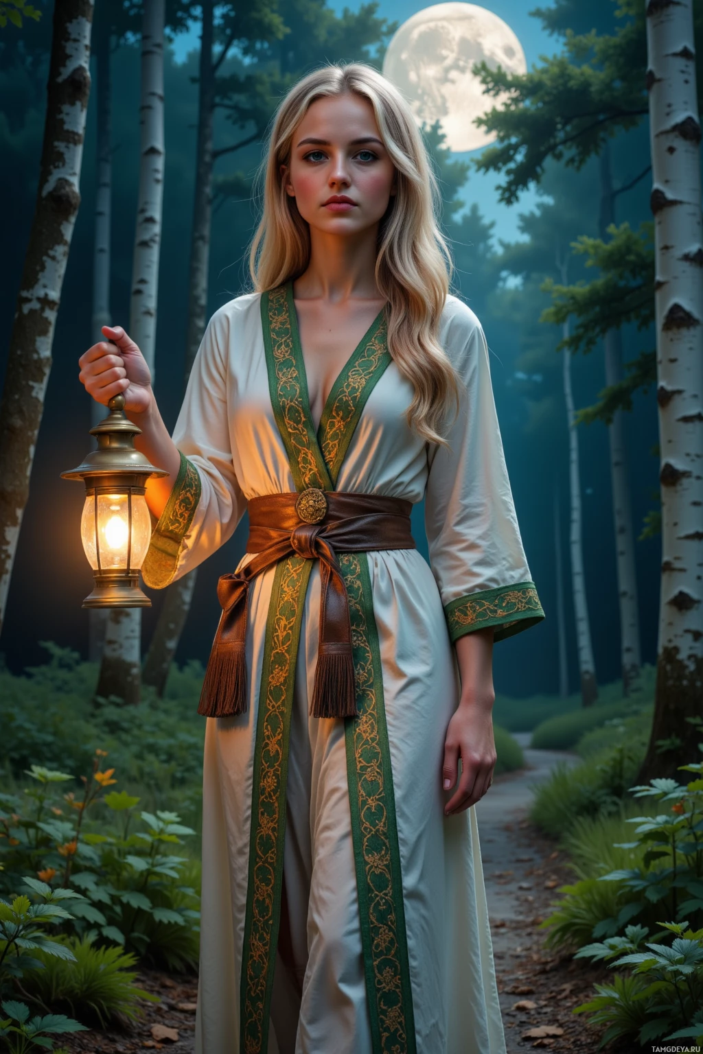 A woman in a flowing robe holds a lantern in a forest at night.