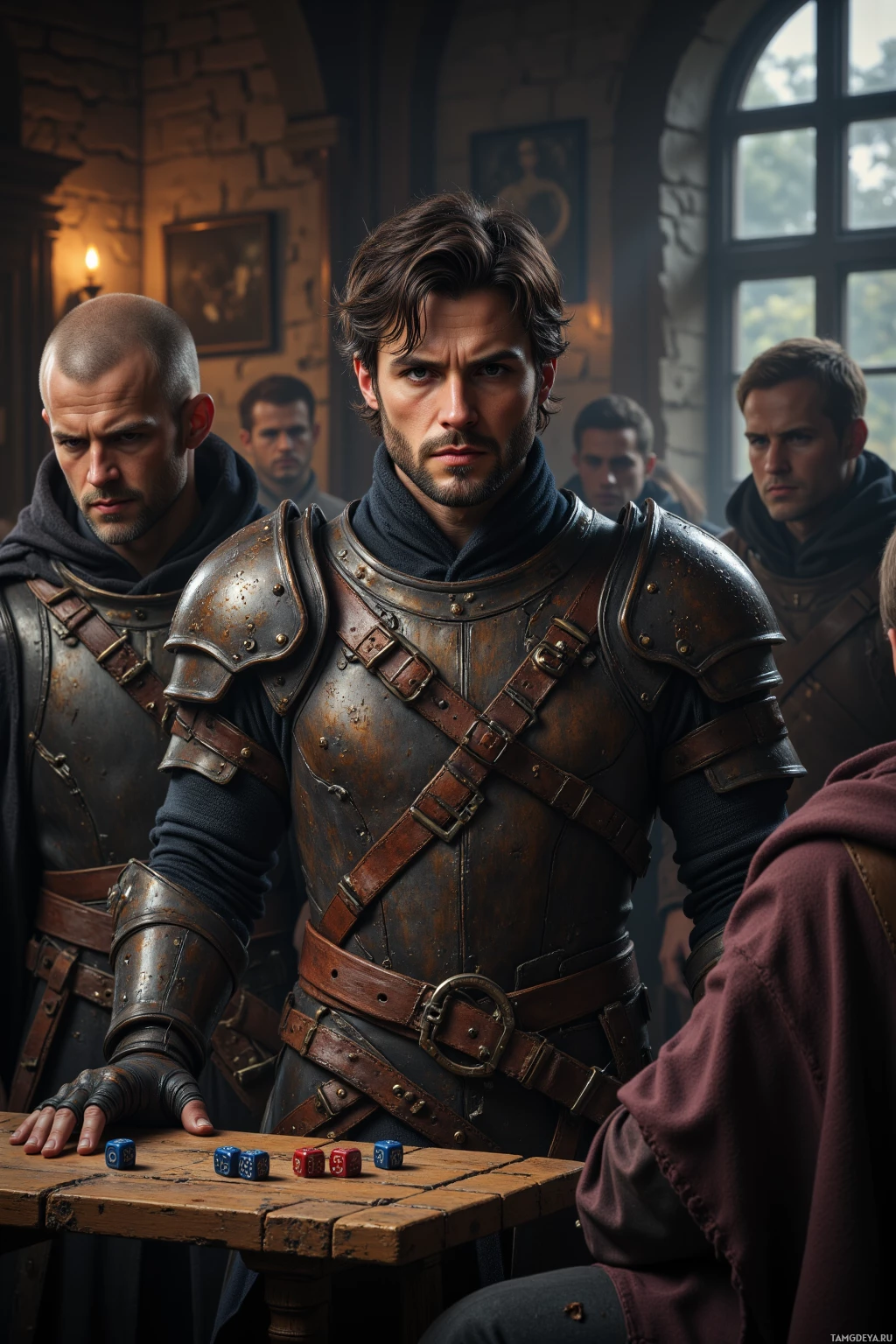 A group of men in medieval-style armor and robes gather around a table with dice, suggesting a game or discussion.