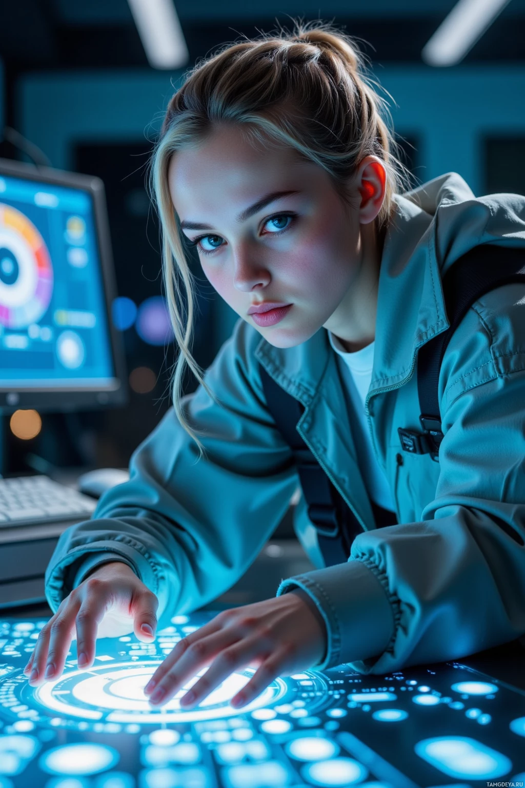 A person in a light jacket interacts with a futuristic, illuminated control panel.