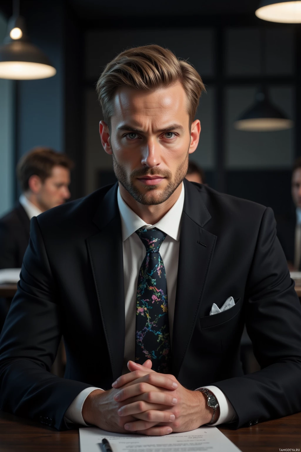 A man in a formal suit and floral tie sits at a table with a pen and paper.