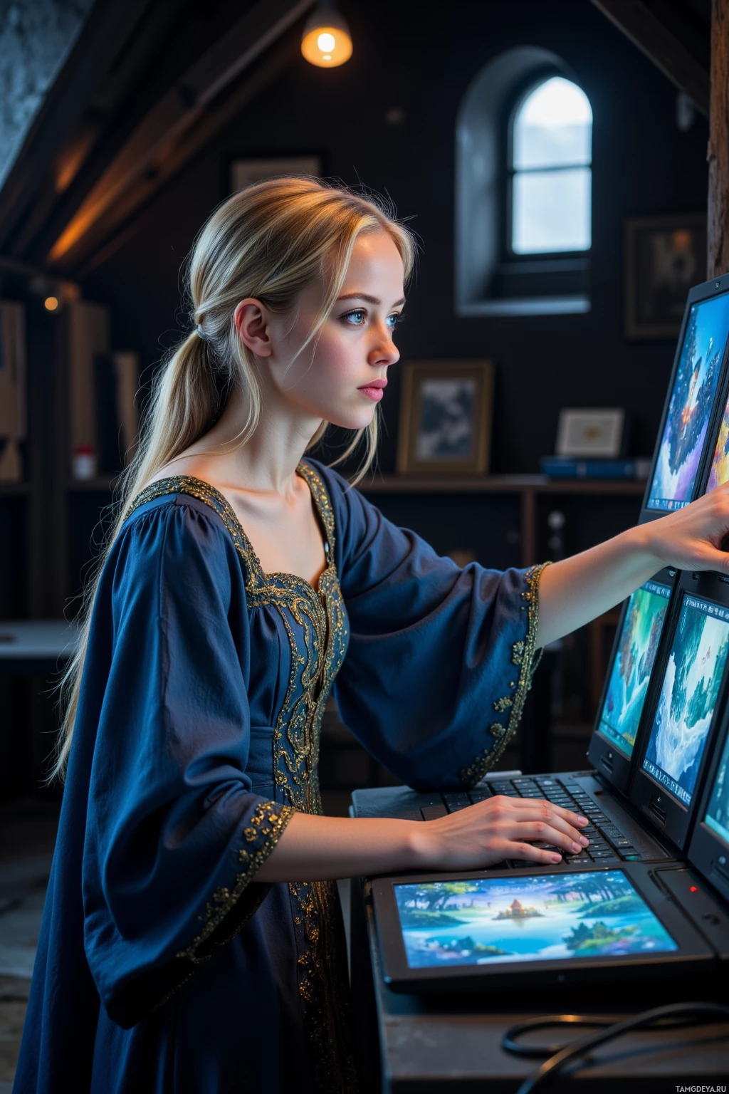A woman in a blue dress is working on a laptop in a dimly lit room.