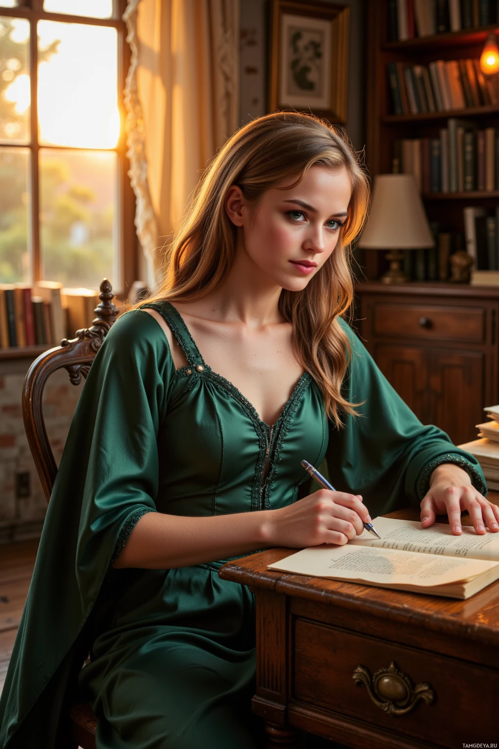 A woman in a green dress sits at a desk, writing in a book with a pen.
