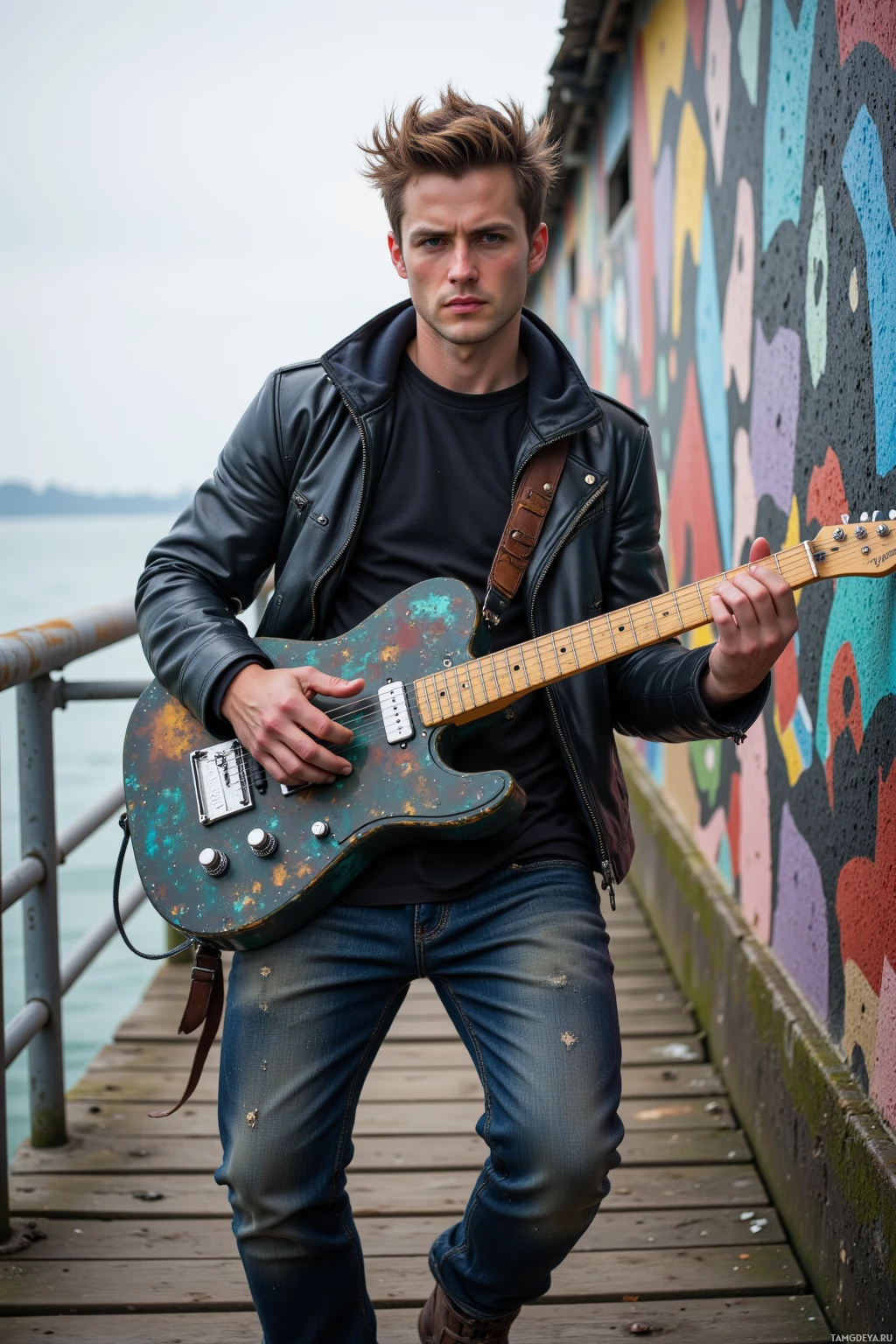 A man stands on a wooden pier, holding a guitar, wearing a leather jacket and jeans.