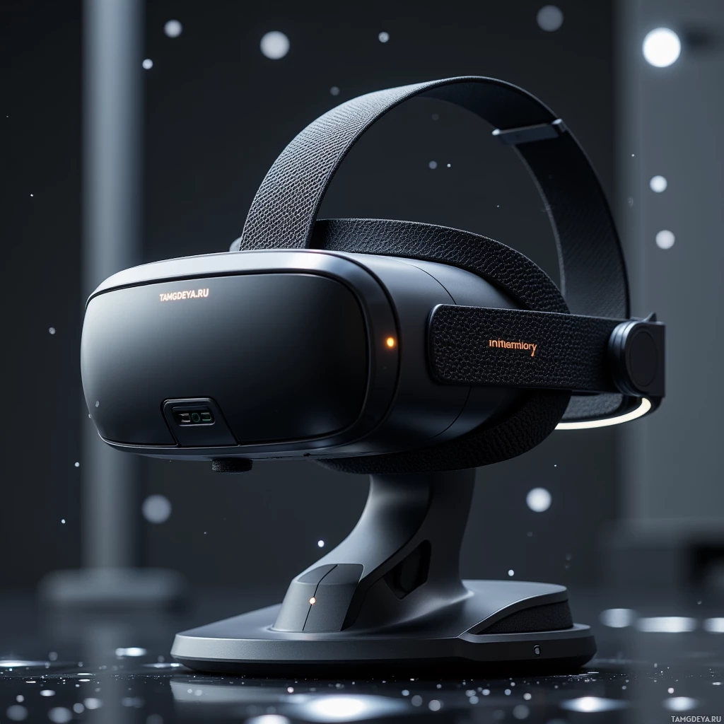 A sleek black VR headset is displayed on a stand against a dark, starry background.