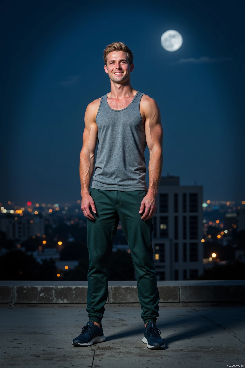 A man stands on a rooftop at night, wearing a tank top and pants, with a cityscape and moon in the background.