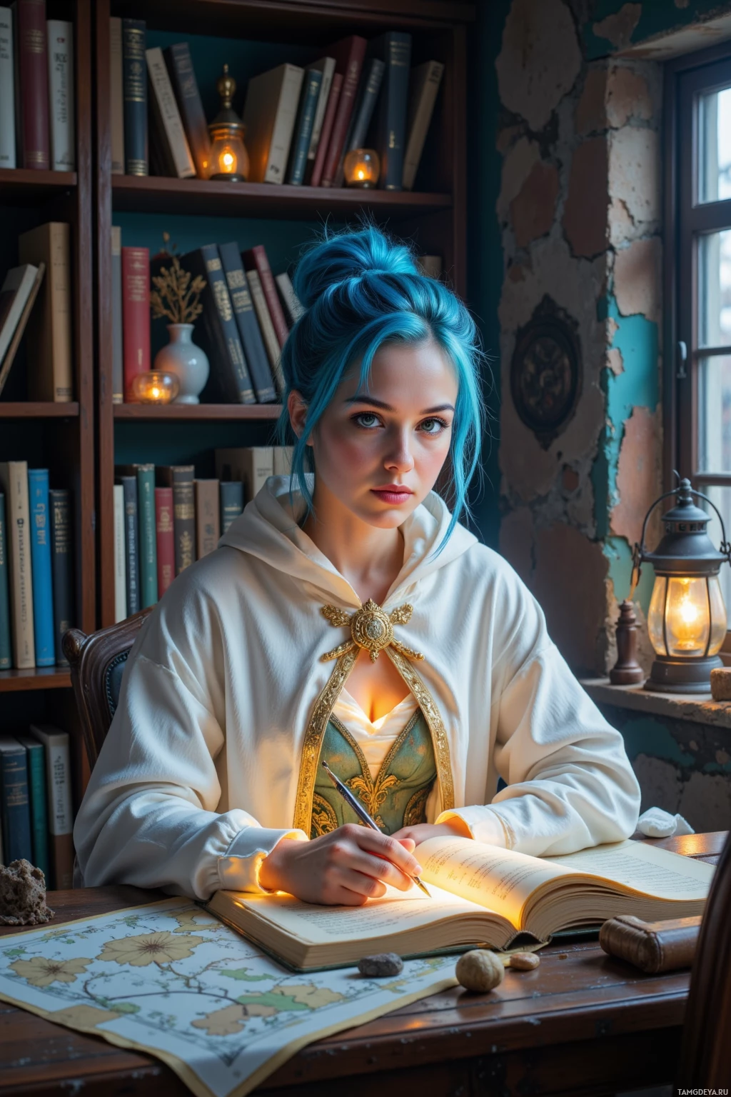 A person with blue hair sits at a desk, writing in a book with a pen, surrounded by books and a lantern.