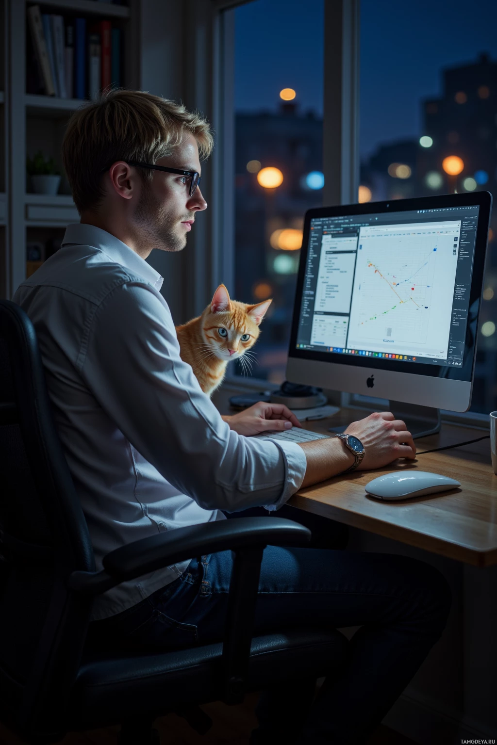 A man works at a desk with a computer, accompanied by a cat.