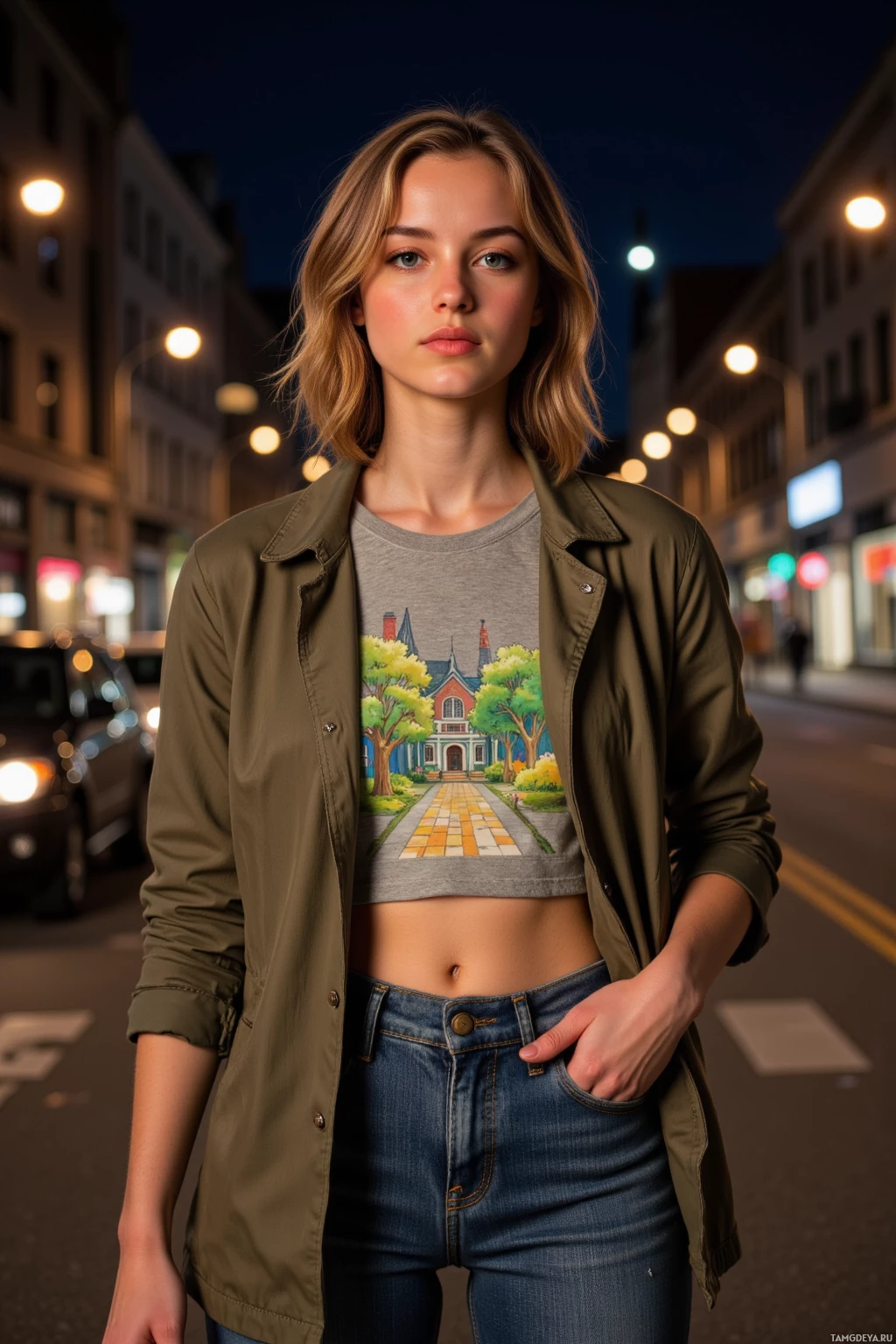 A person stands on a city street at night, wearing a jacket and jeans, with a graphic t-shirt featuring a house design.