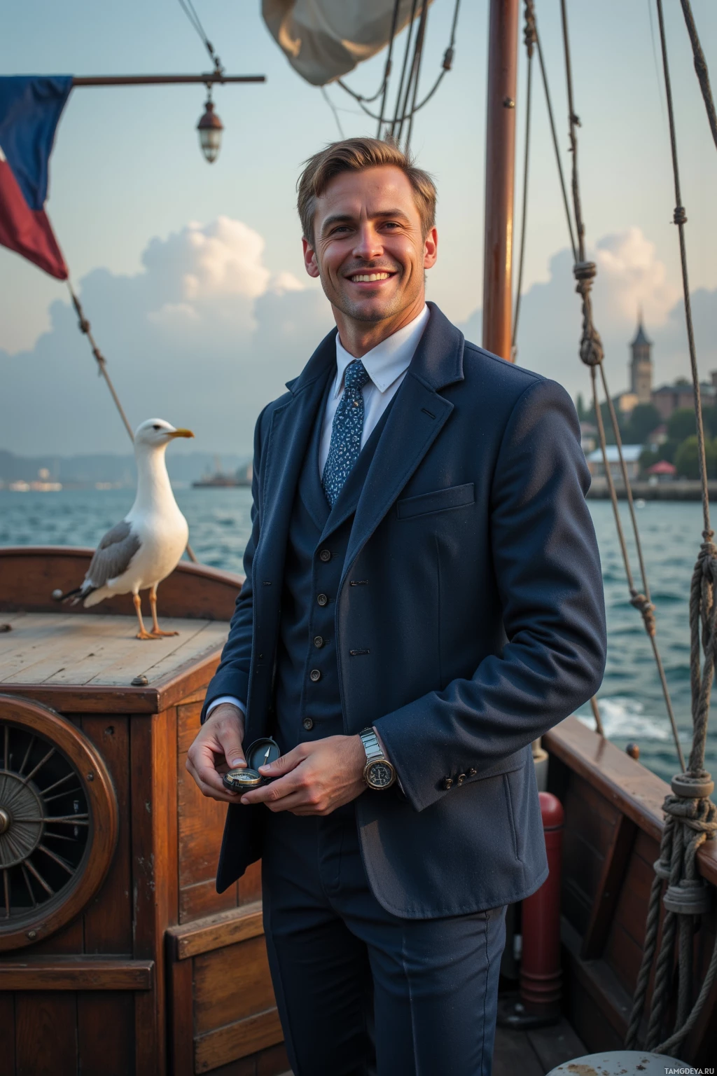 A man in a navy suit stands on a boat, holding a compass, with a seagull and a scenic backdrop.