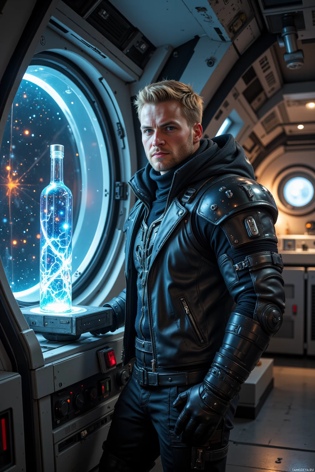 A person in a futuristic outfit stands near a glowing bottle in a spaceship.