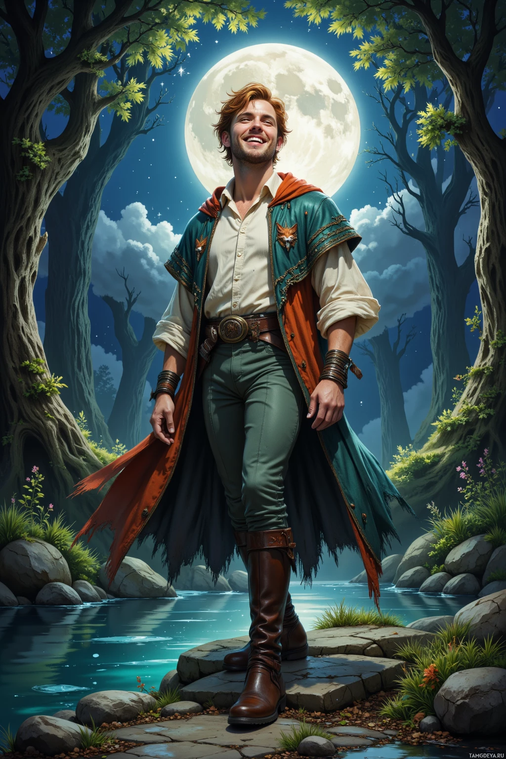 A man stands by a serene river under a full moon, surrounded by lush forest.