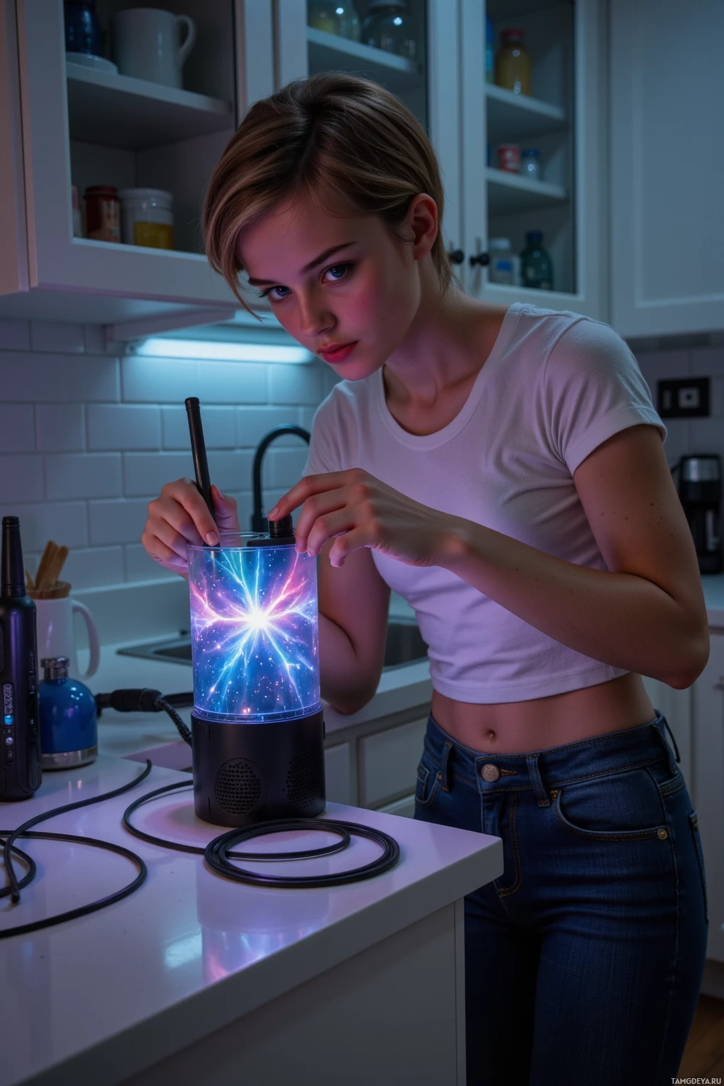 A person stands in a kitchen, interacting with a glowing, cylindrical device on the counter.