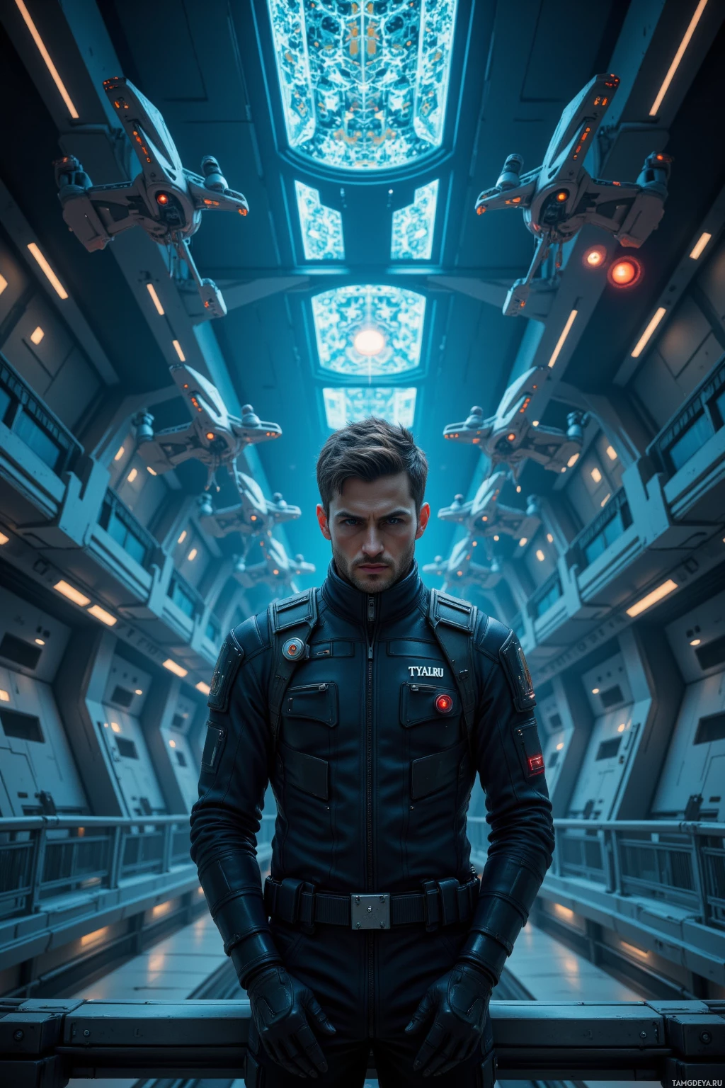 A man in a futuristic uniform stands in a high-tech corridor with drones hovering above.