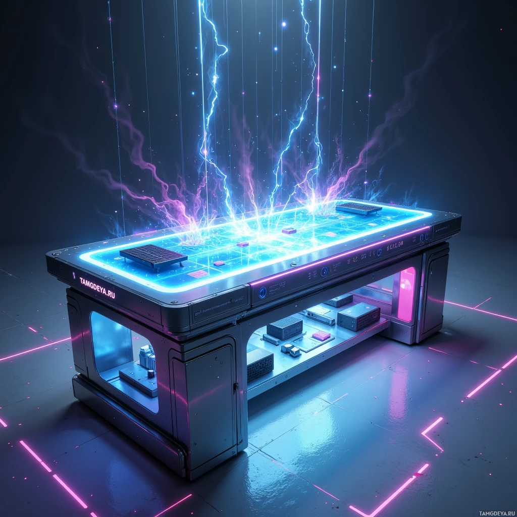 A futuristic, glowing computer setup with vibrant blue and purple energy effects.