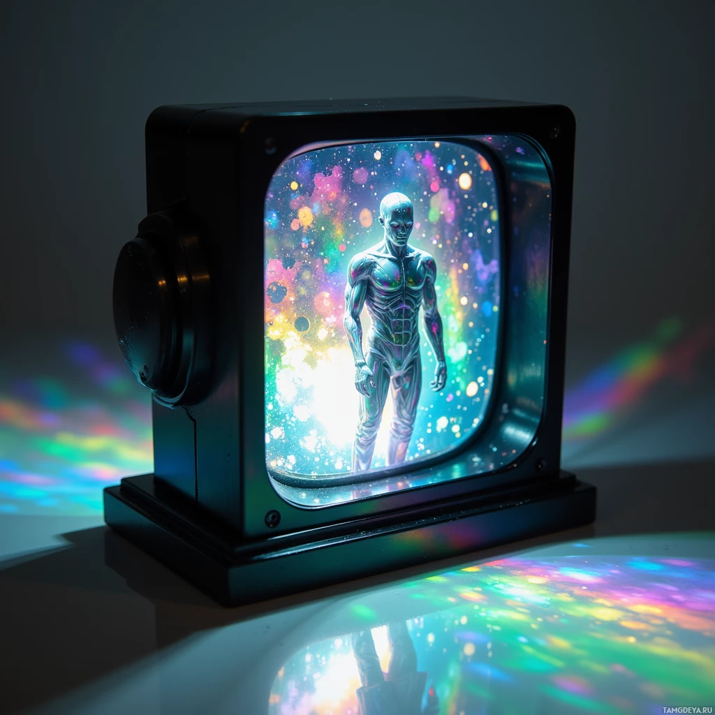 Semi-abstract image with many light, that is suitable for the post:  A tiny, sleek black metal frame with a matte finish, enclosing a translucent glass surface that flickers like a bad TV signal, projecting 100 rapid, glitchy holographic reflections of a human figure in shifting colors and distorted shapes.