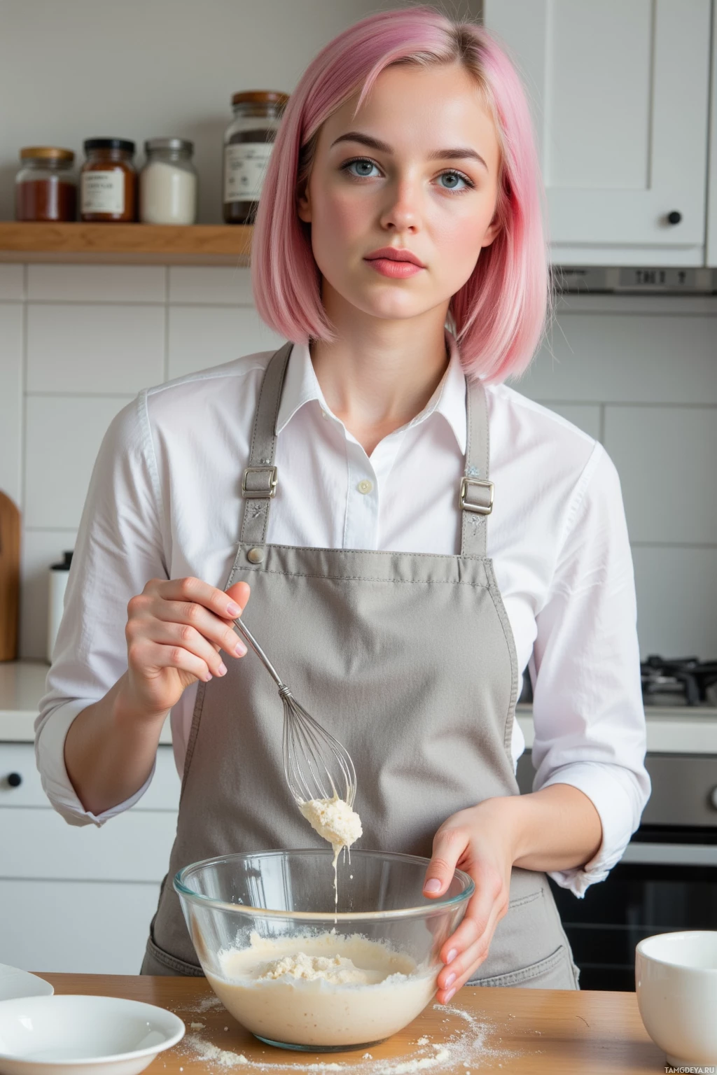 A person with pink hair wearing an apron is mixing ingredients in a bowl in a kitchen.