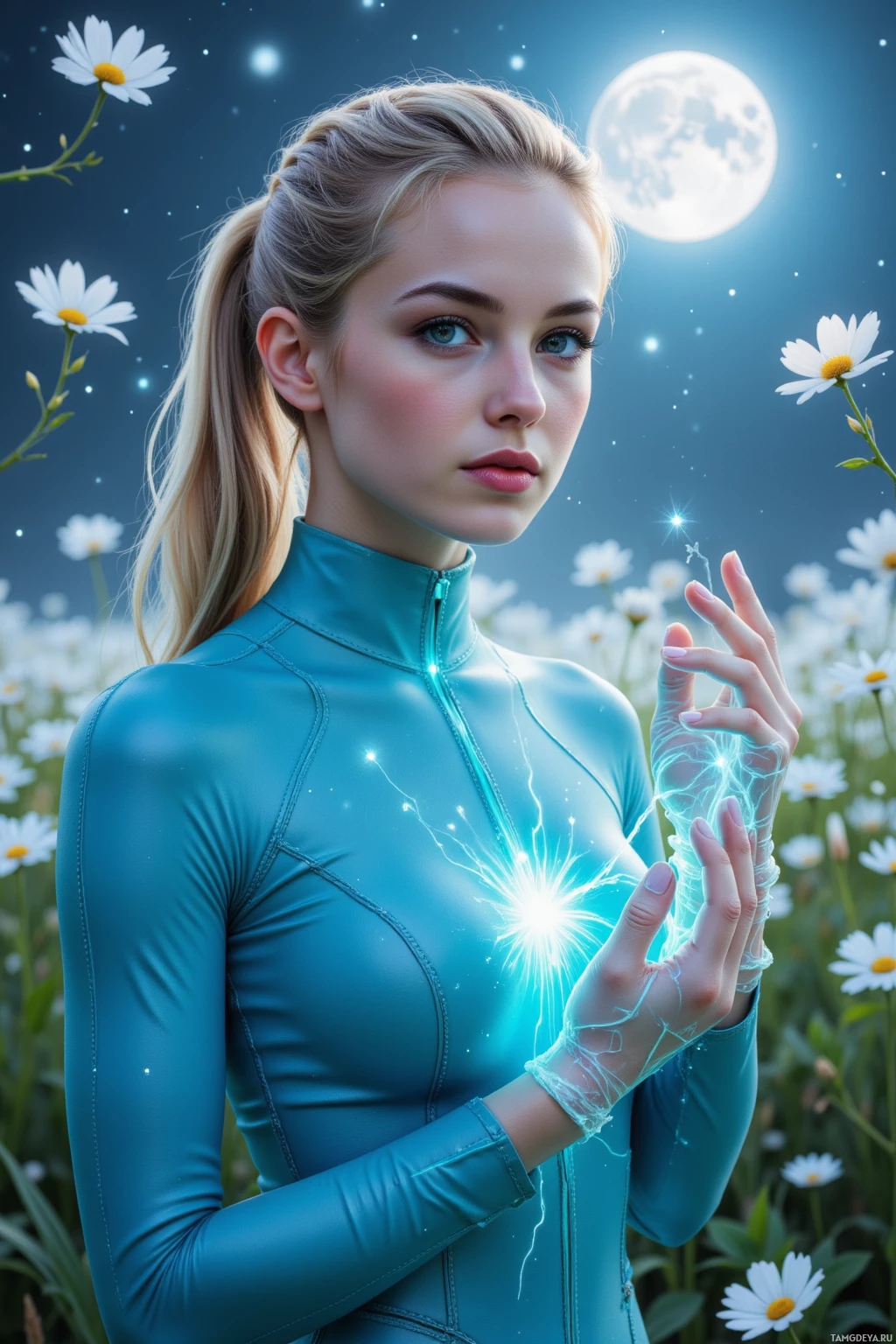A woman in a blue outfit stands in a field of daisies with a glowing moon in the background.
