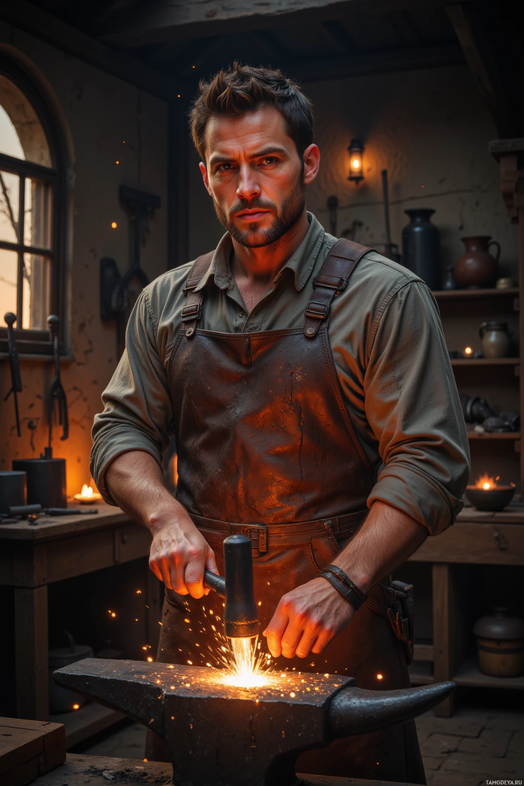 A man in a workshop wearing an apron, holding a hammer, with sparks flying as he works on a piece of metal.