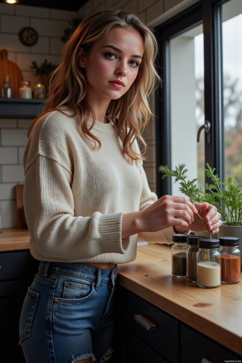A woman stands in a kitchen, holding a plant, with spice jars on the counter.