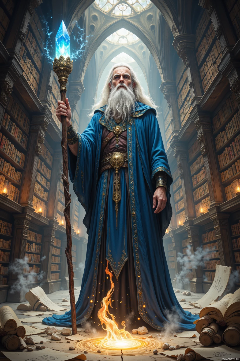 A wizard in a grand library holds a glowing staff, surrounded by books and magical energy.