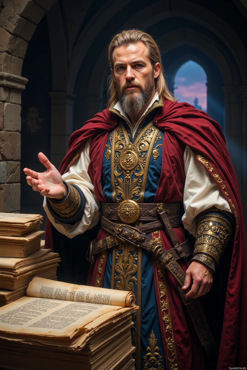 A man in ornate medieval attire stands beside a stack of books, gesturing with his hand.