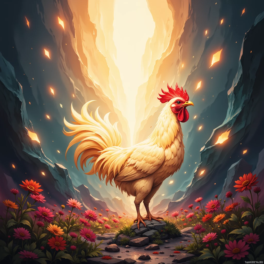 A majestic rooster stands atop a rocky outcrop amidst a vibrant field of flowers, with a dramatic sky and glowing embers in the background.