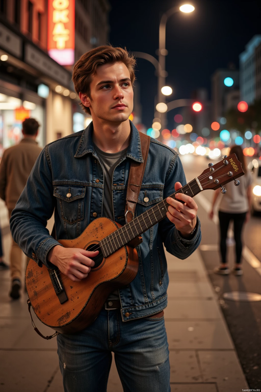 A young man in a denim jacket plays an acoustic guitar on a city sidewalk at night.