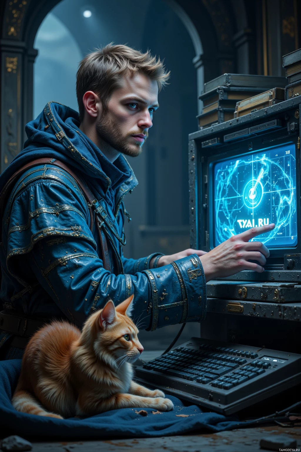A man in a blue jacket interacts with a computer while a cat sits nearby.