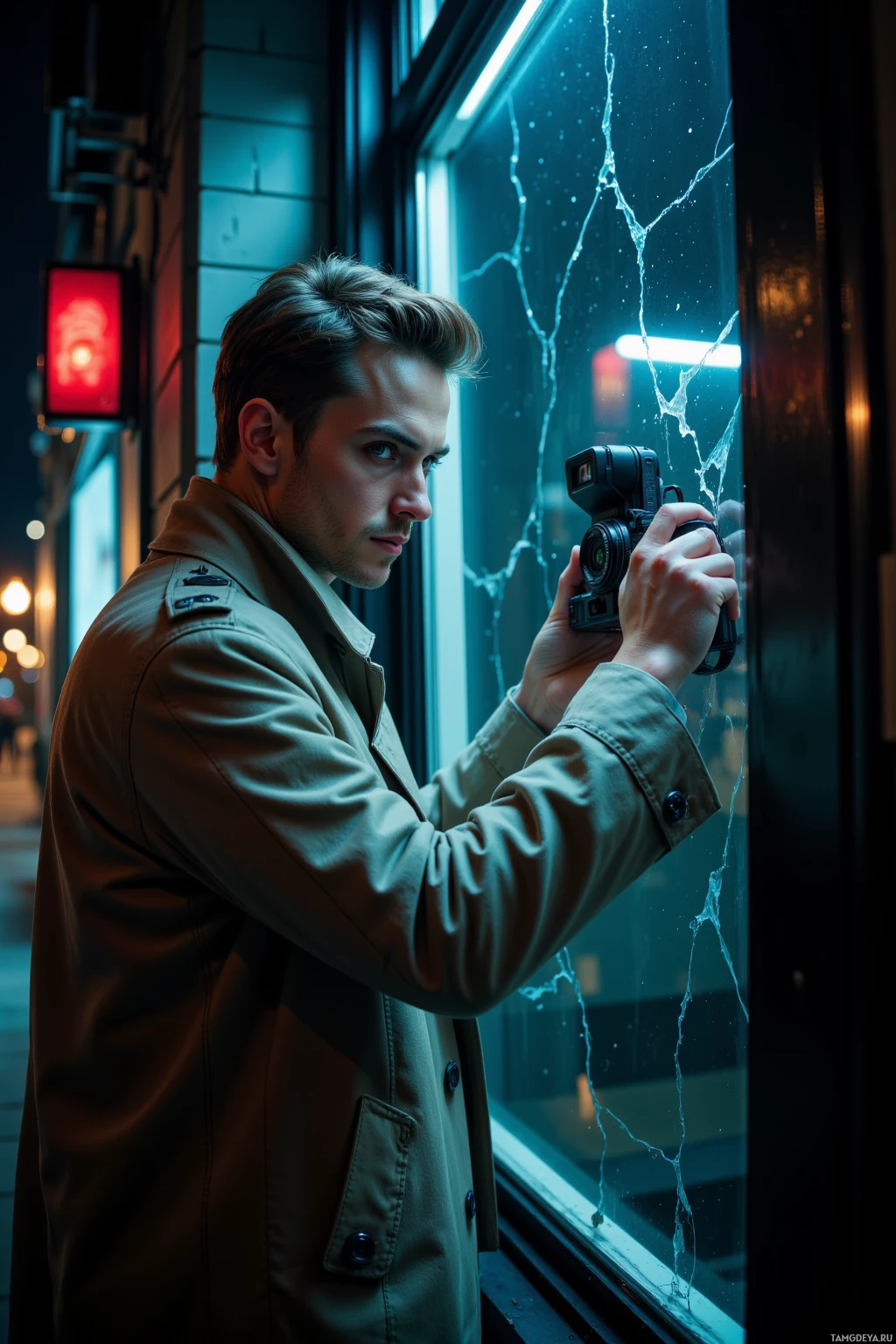 A man in a trench coat stands by a window, holding a camera.