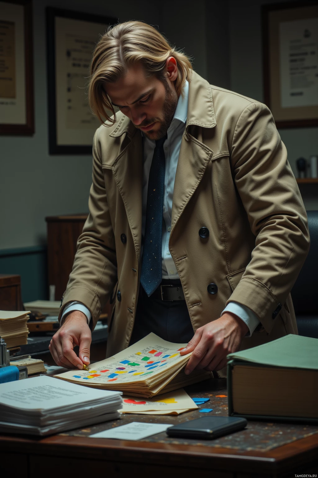 A man in a beige trench coat is examining a book on a desk.