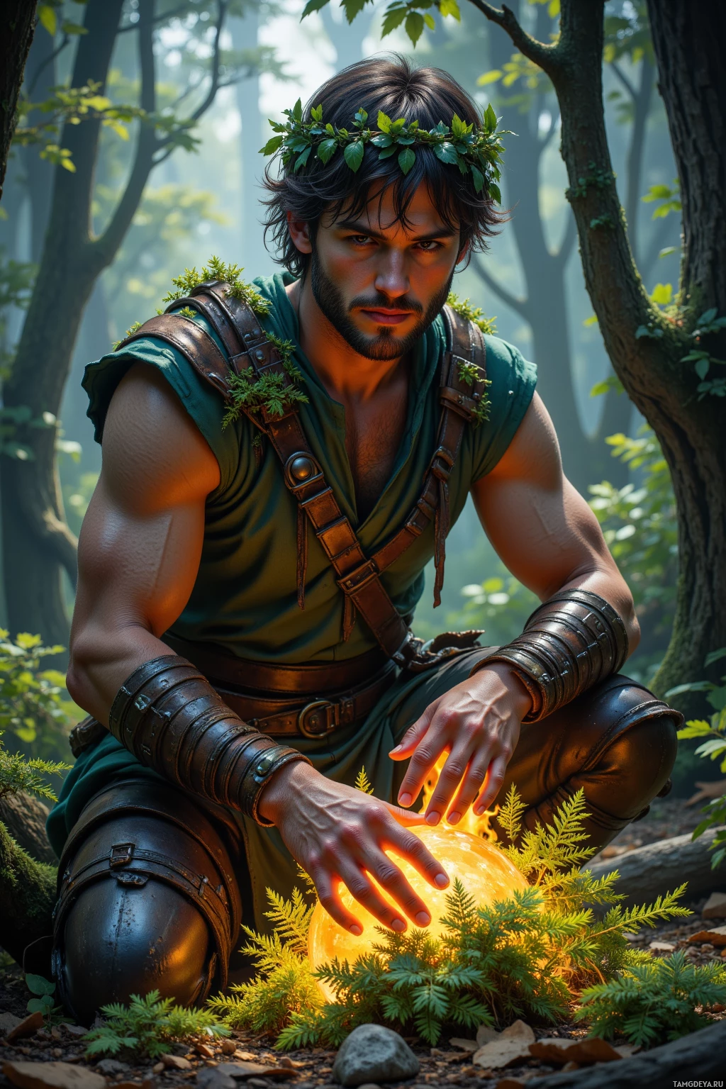 A man in a forest setting, wearing a green tunic and leather armor, kneels beside a glowing orb surrounded by ferns.