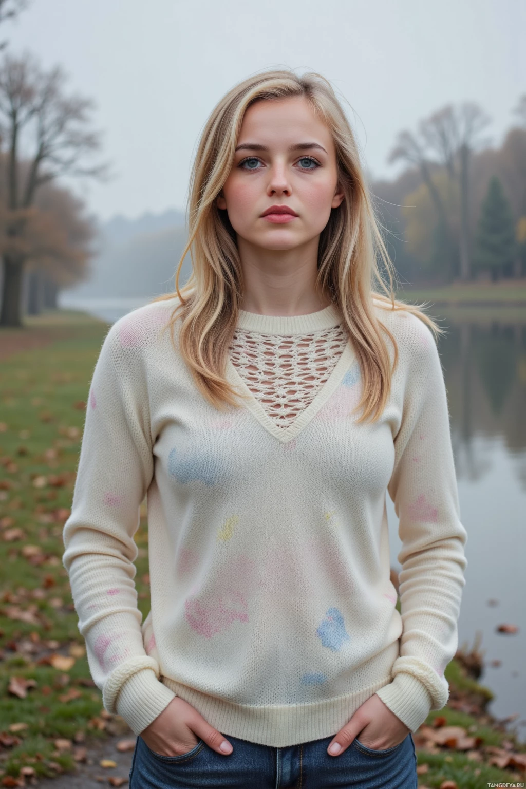 A person stands outdoors in a sweater with a pattern, hands in pockets, against a backdrop of trees and water.