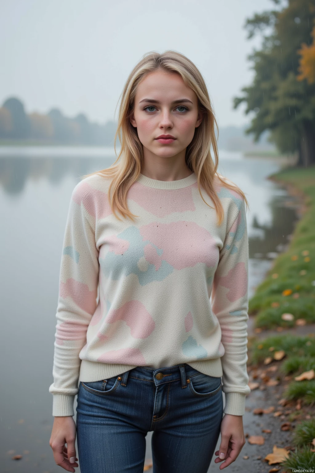 A person stands by a lake in the rain, wearing a pastel sweater and jeans.
