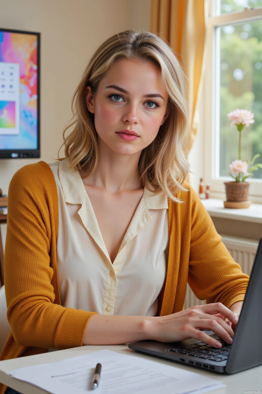 A woman is sitting at a desk, working on a laptop with a document and pen nearby.