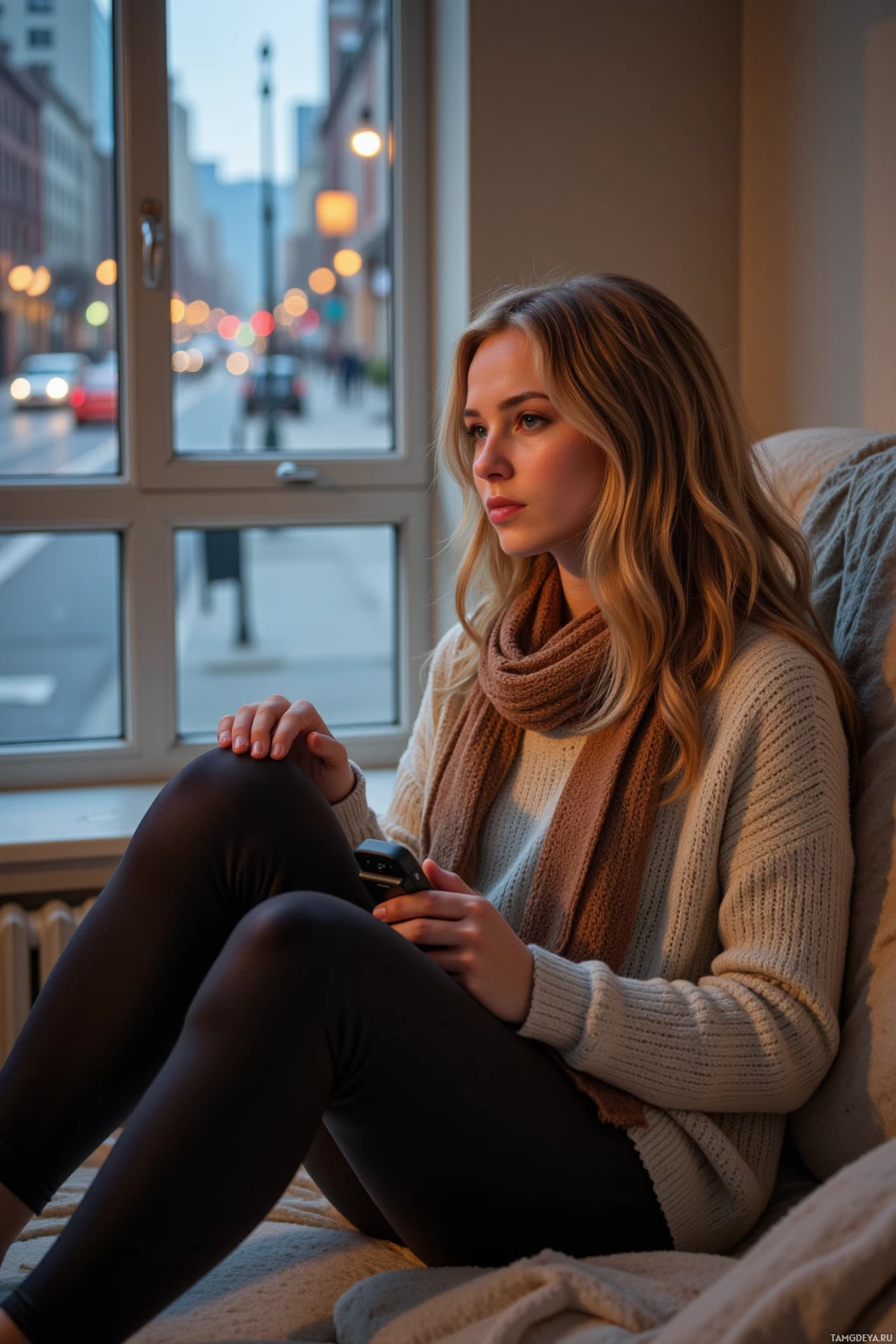 A woman sits by a window, looking out at a cityscape, holding a phone.