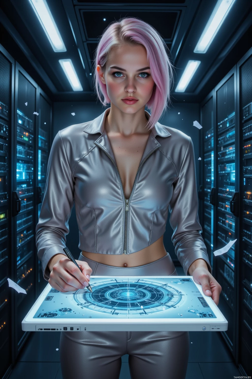 A person in a futuristic setting holding a tablet with a high-tech interface.