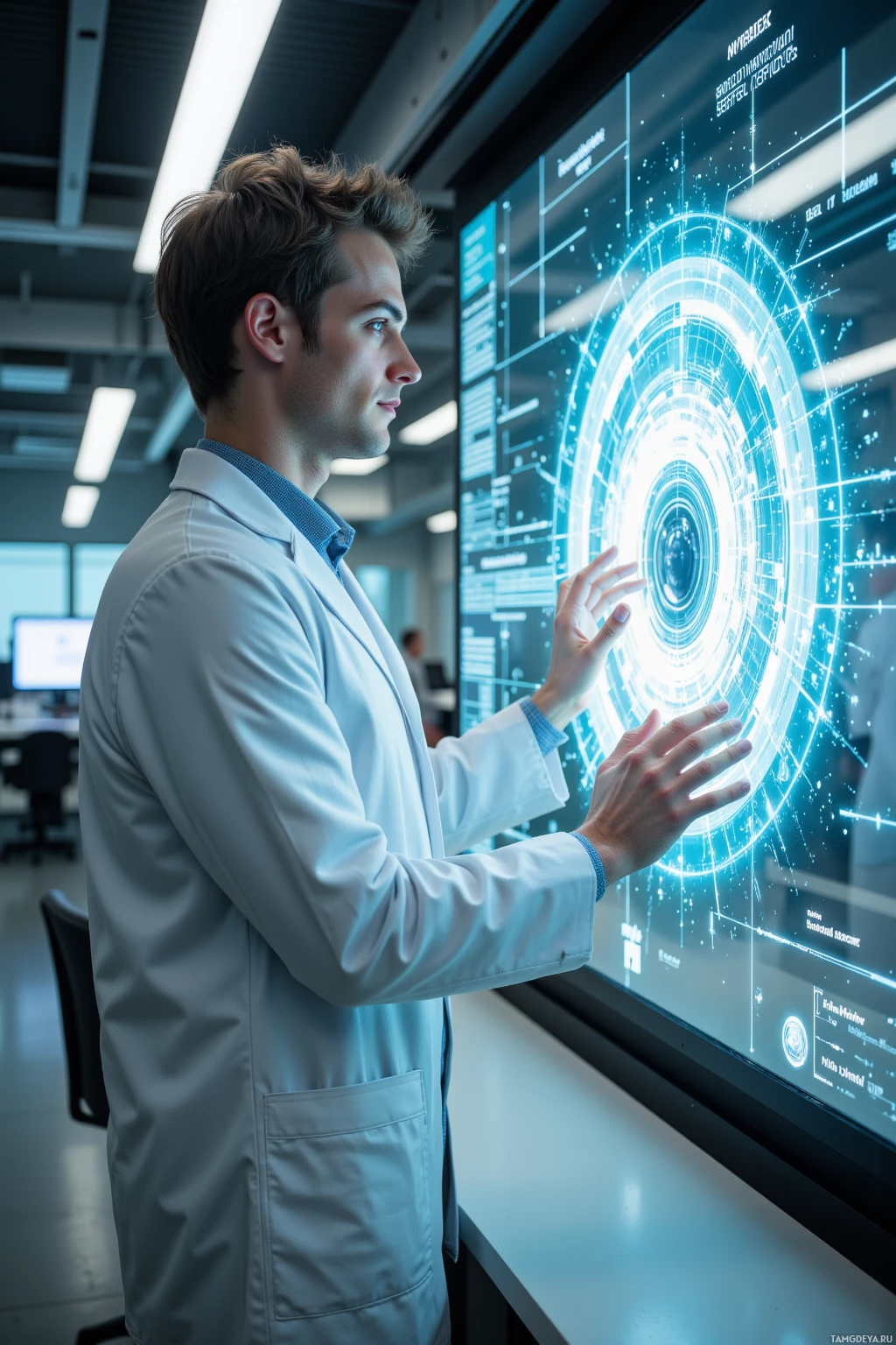 A person in a lab coat interacts with a large, futuristic digital display.