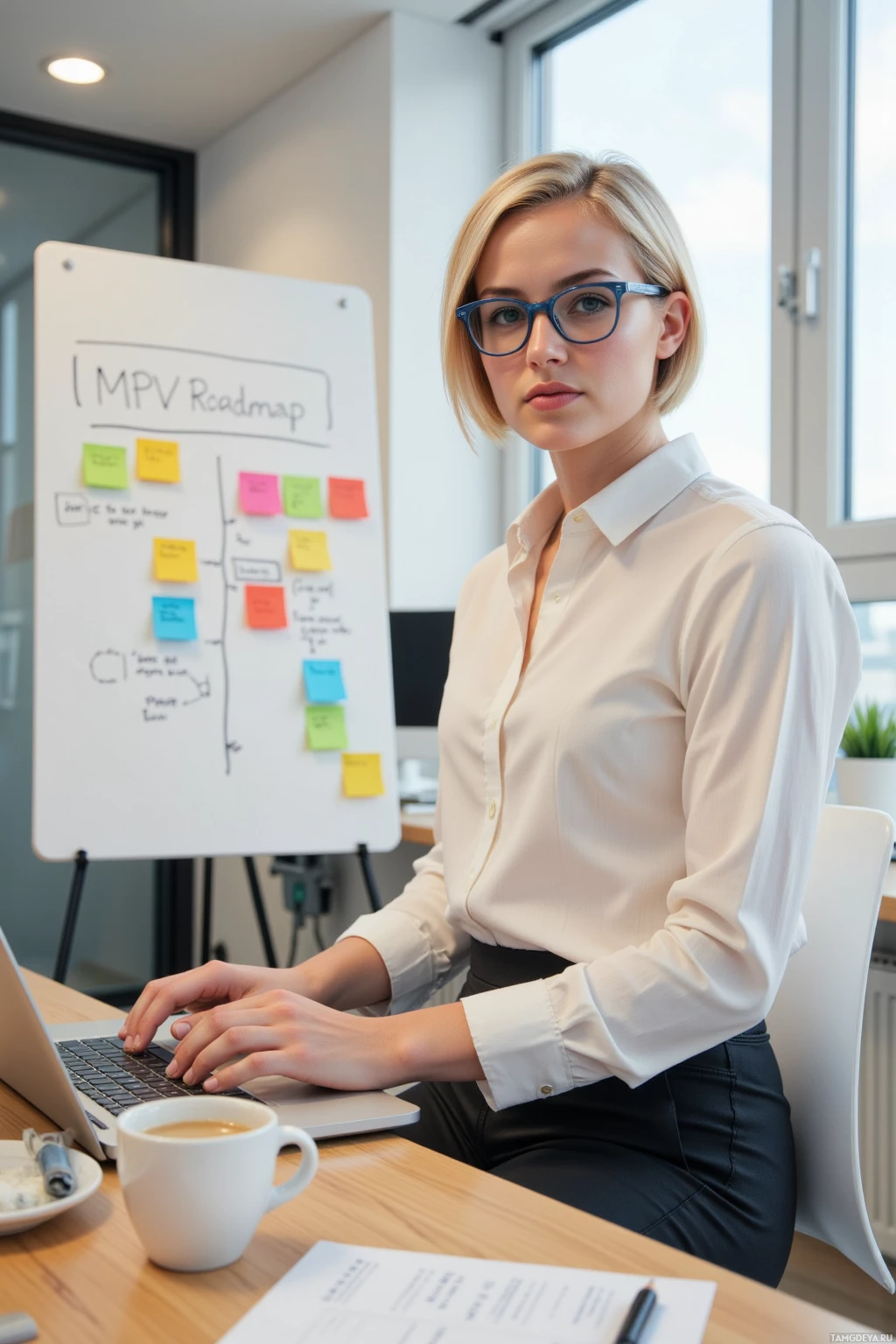 A woman in a professional setting is working at a desk with a laptop, whiteboard, and documents.