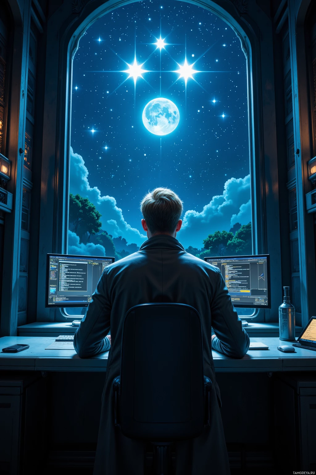 A person sits at a desk in front of two computer monitors, gazing out a window at a night sky filled with stars and a full moon.