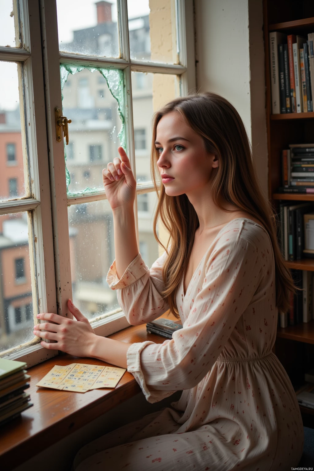 A woman in a light dress sits by a window, gazing outside.