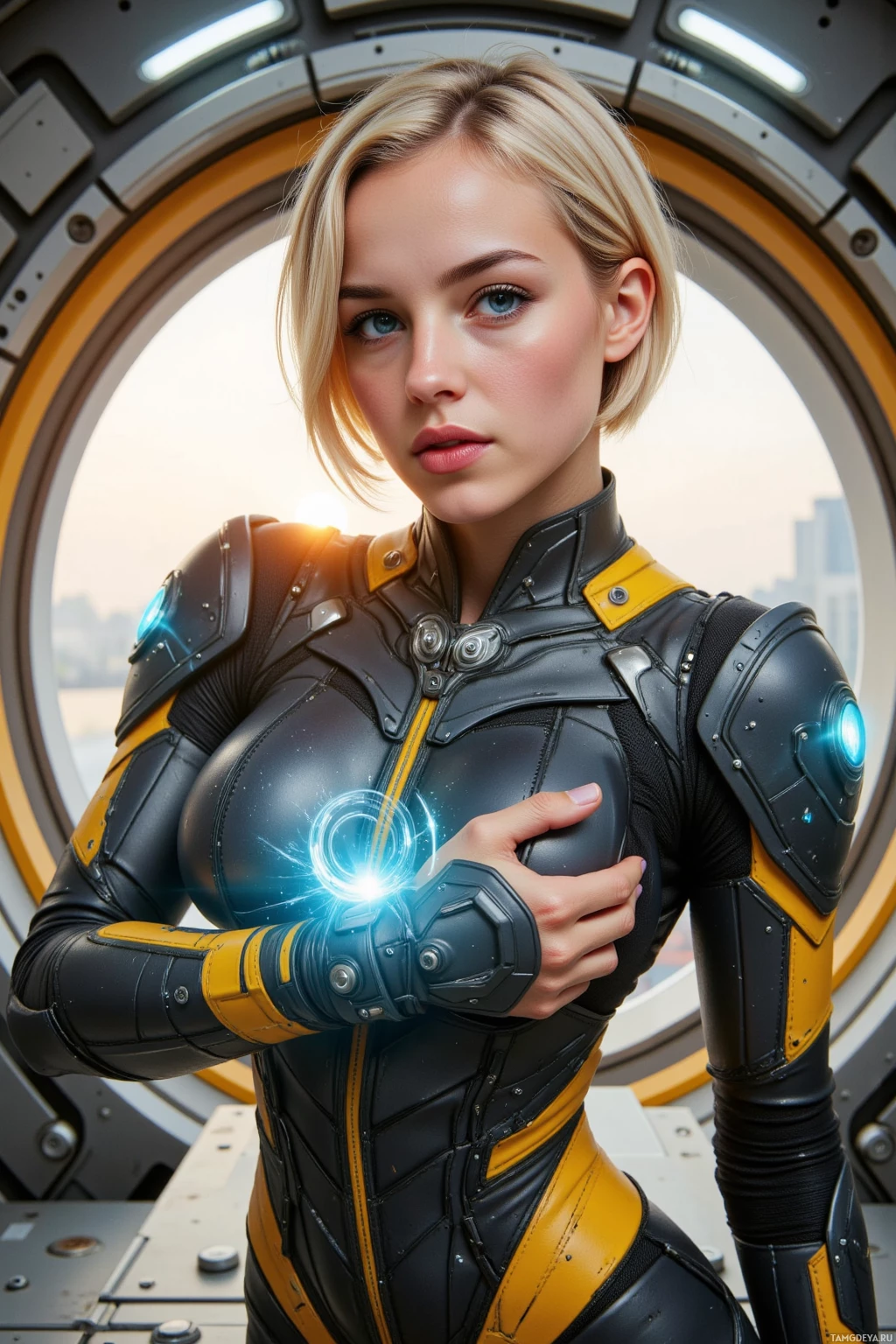 A person in a futuristic, armored suit stands in front of a circular window.