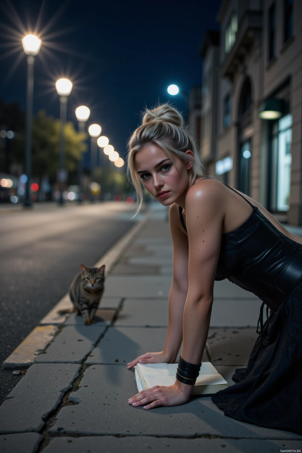 A woman leans forward on a book, with a cat walking towards her on a city street at night.