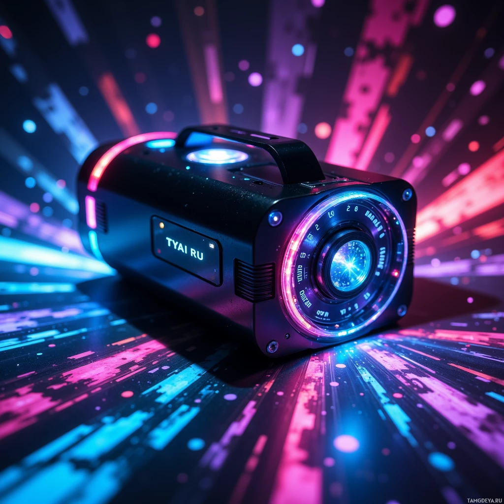 A futuristic camera with glowing blue and pink lights against a vibrant, neon-lit background.