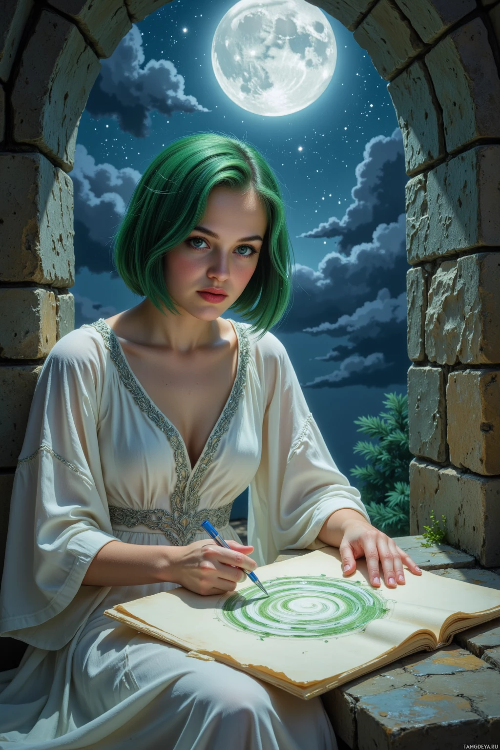 A woman with green hair sits by a stone window, drawing a spiral in a book under a night sky with a full moon.